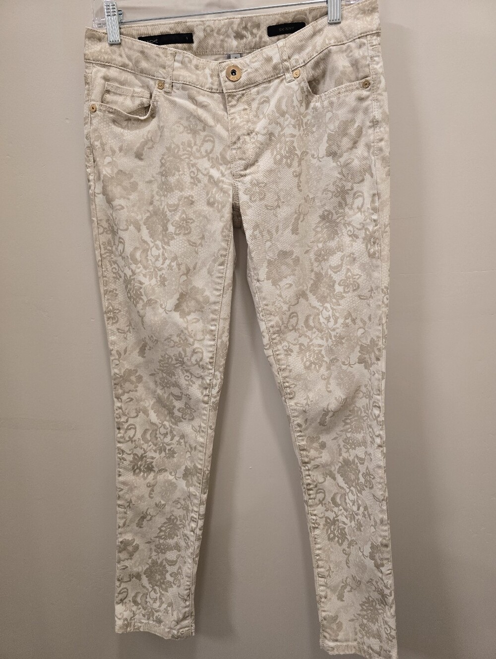 Caché Floral Lace Damask Print Skinny Jeans Beige Gold Metallic Women's Size 4